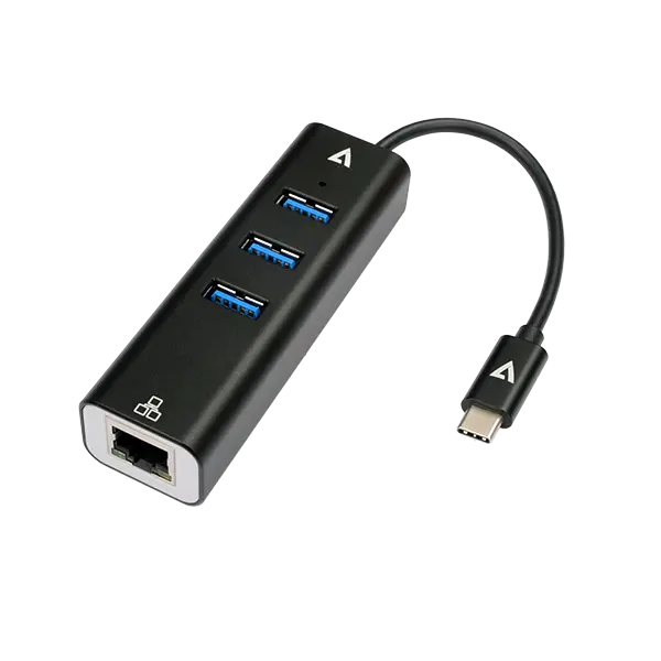 V7 - V7UCRJ45USB3 - Adaptateur Gigabit Ethernet USB-C mâle vers USB A femelle x 3, RJ45 noir.